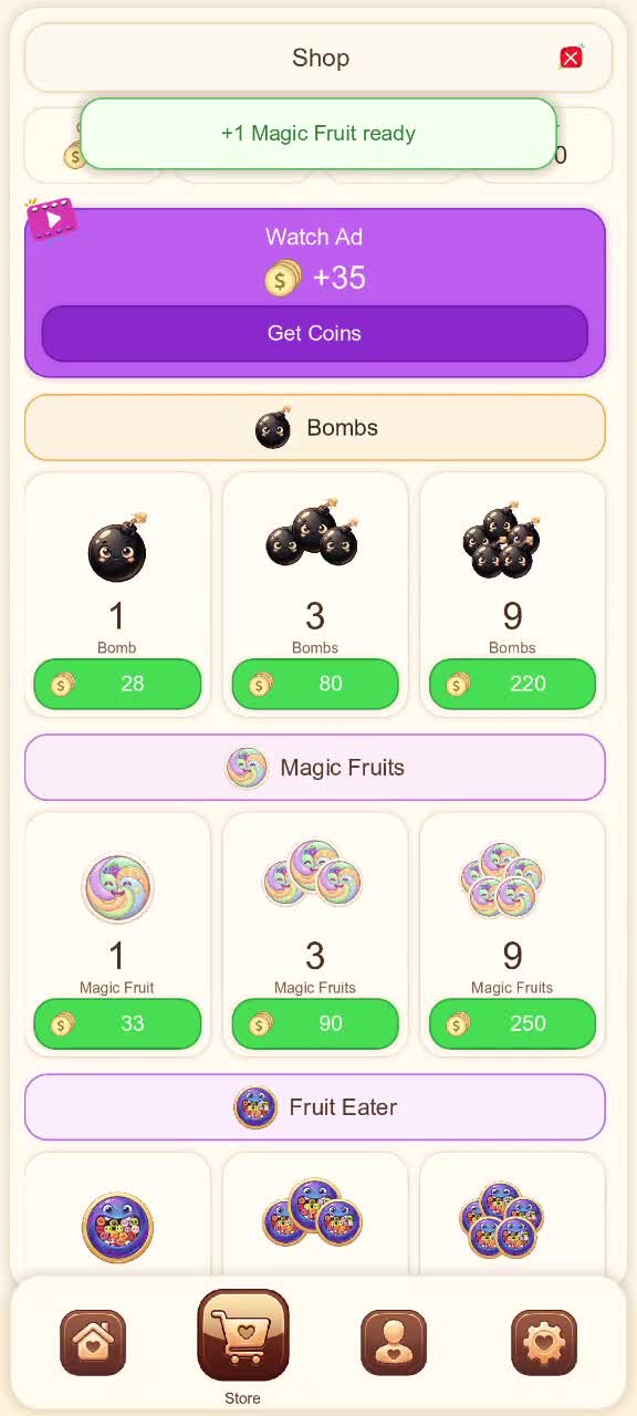 Merge Fruit Slice screenshot showing the in-game power shop.