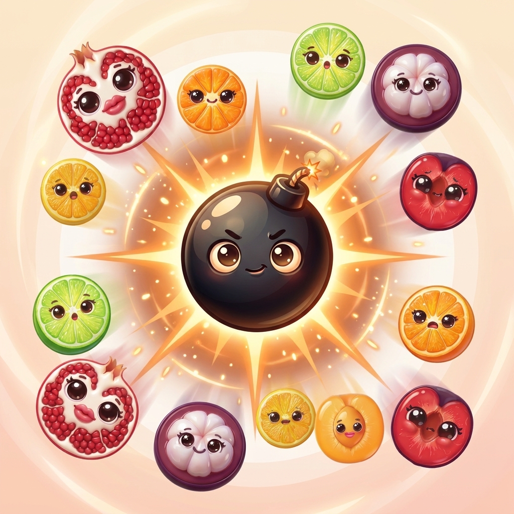 Bomb power illustration with a glowing bomb character surrounded by fruit.