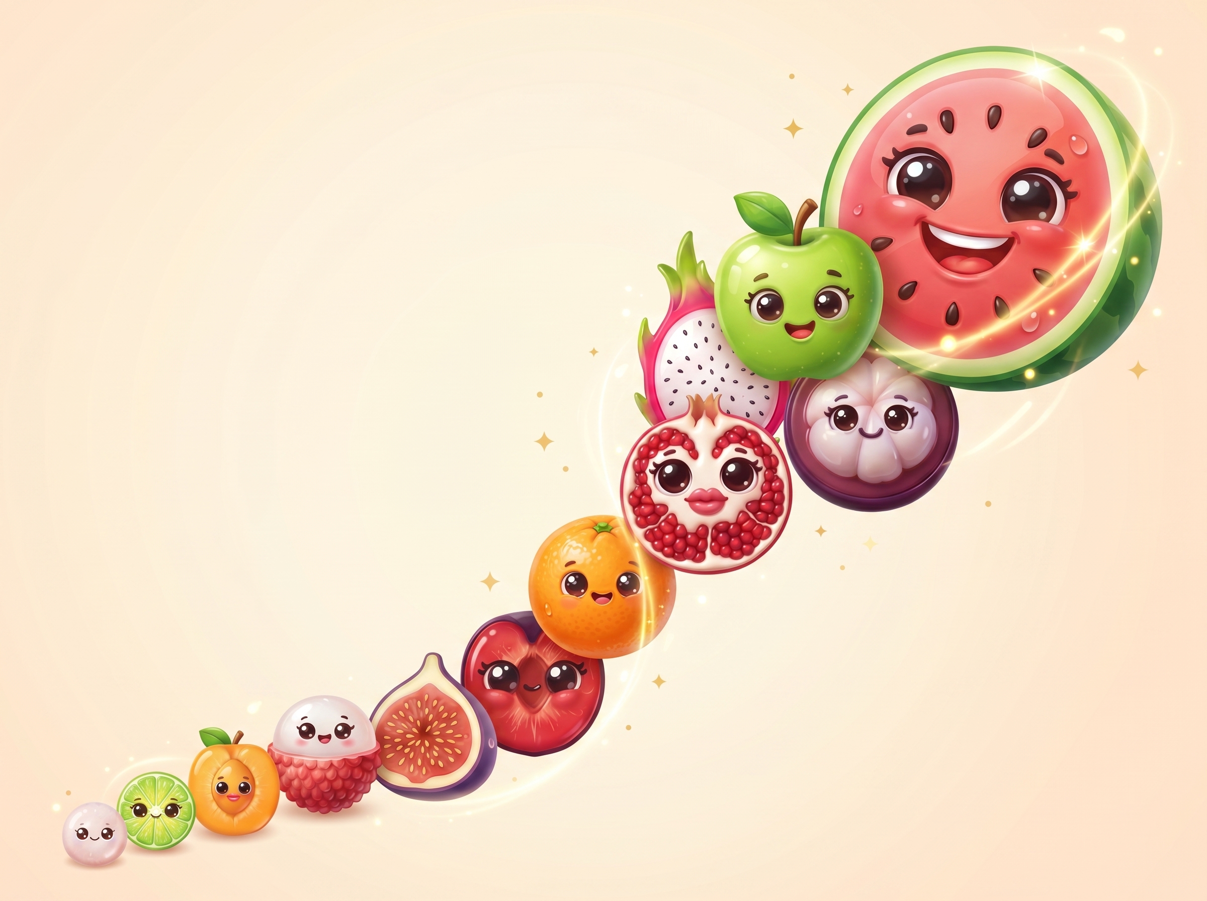 Vertical fruit evolution artwork showing the merge journey from small fruit up to the final watermelon goal.