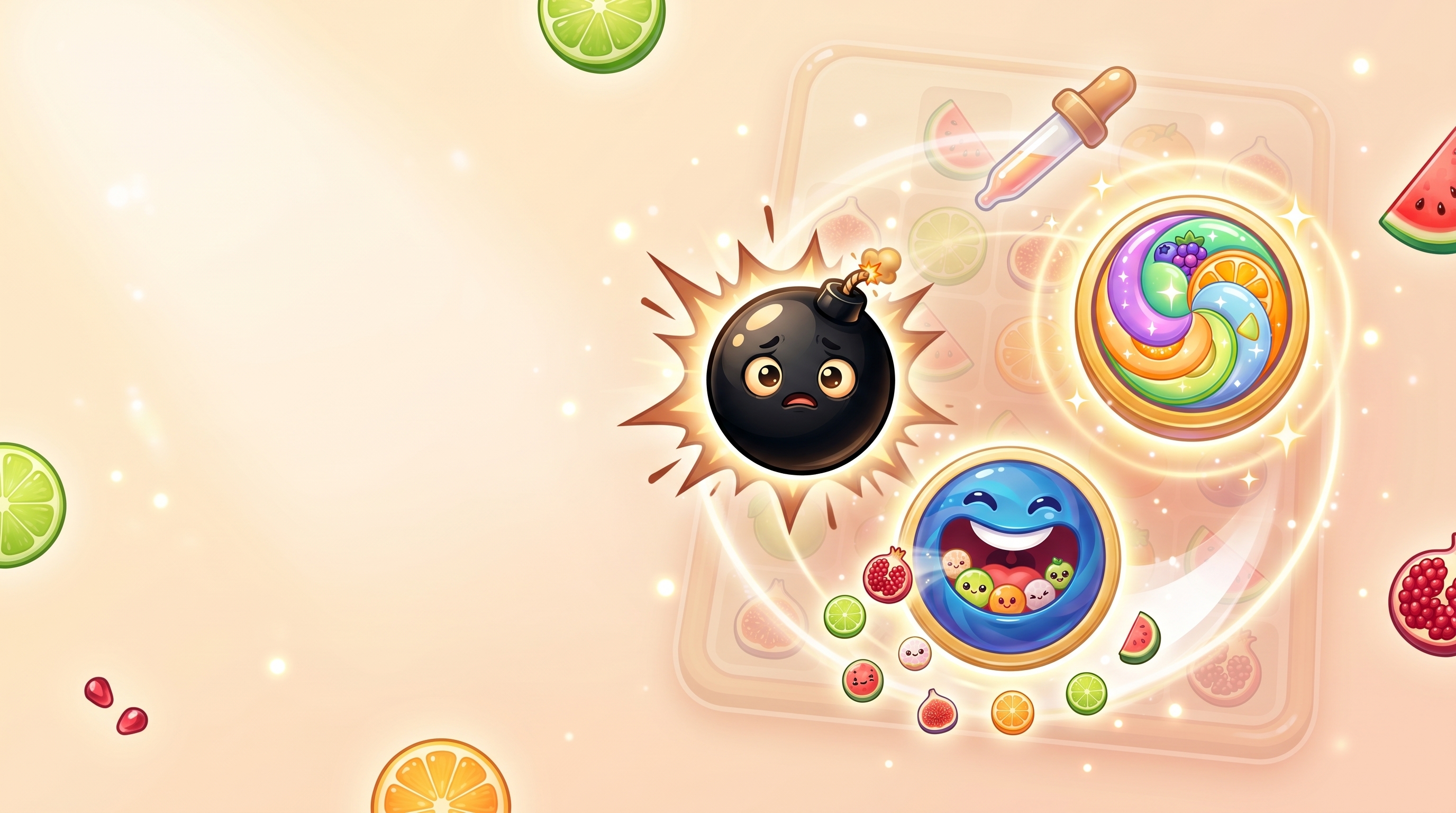 Wide powers artwork with glossy fruit heroes, sparkles, and the portrait merge board identity intact.