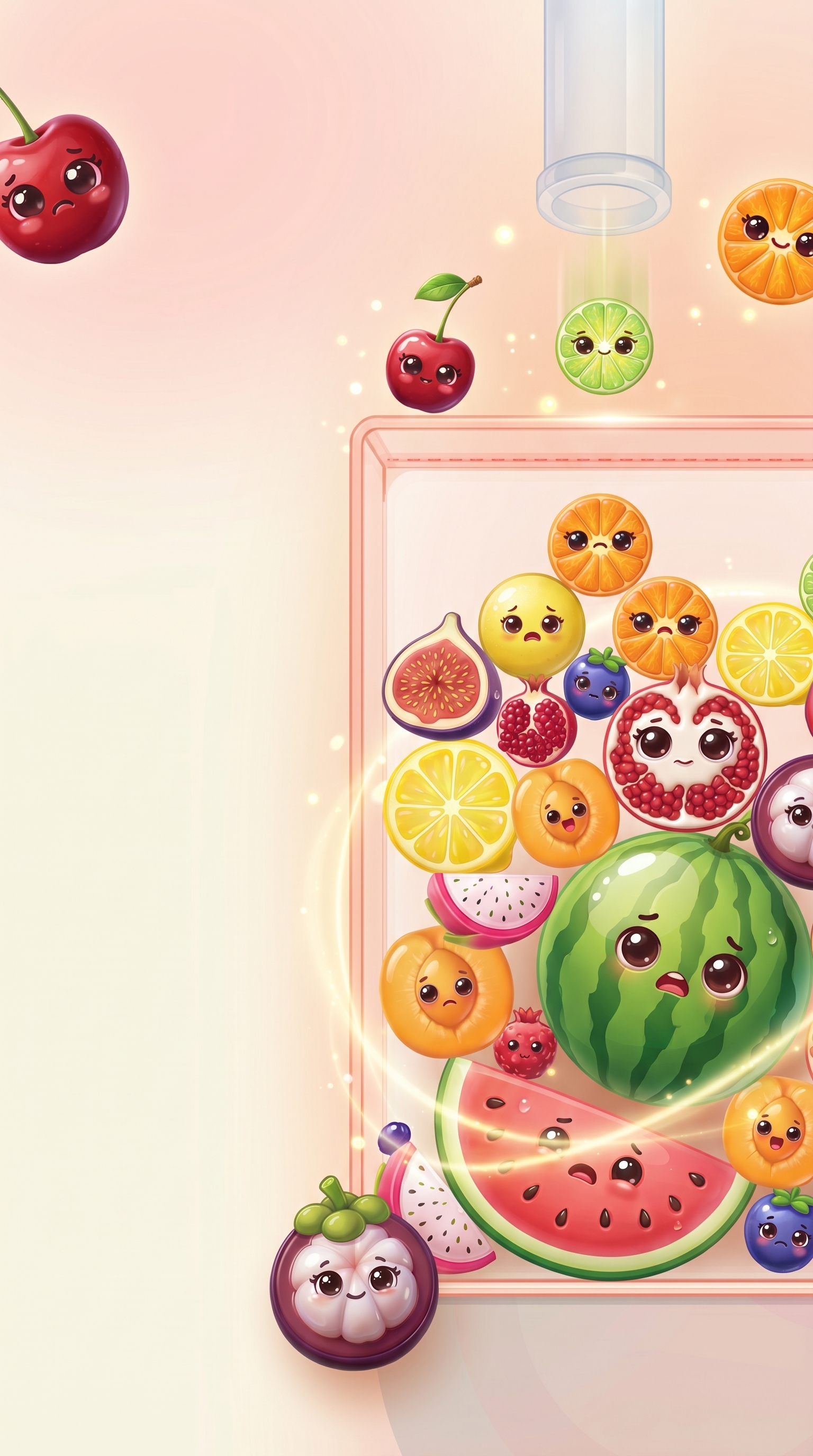 Portrait gameplay artwork showing the top drop tube, stacked fruit tension, and a polished phone-first merge board.