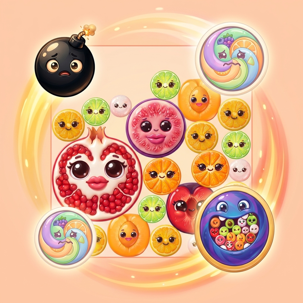 Call-to-action artwork featuring stacked glossy fruit characters rising toward the final goal.