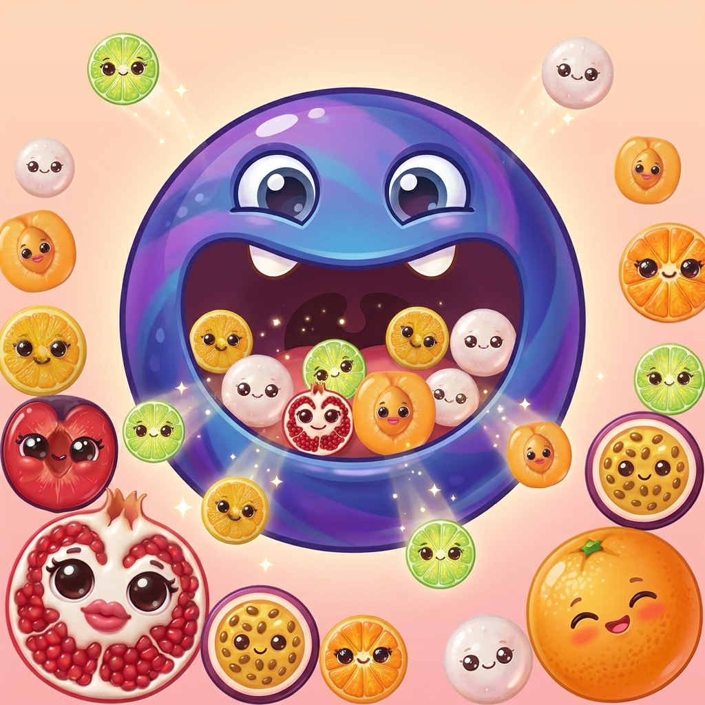 Fruit Eater illustration showing the clutter-clearing fruit power in action.