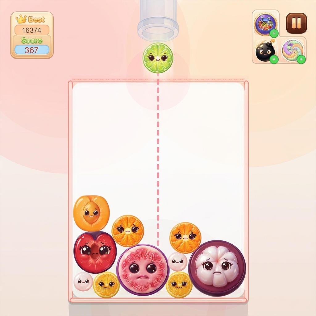 Feature artwork showing the portrait playfield, drop tube, score panel, and stacked fruit board.